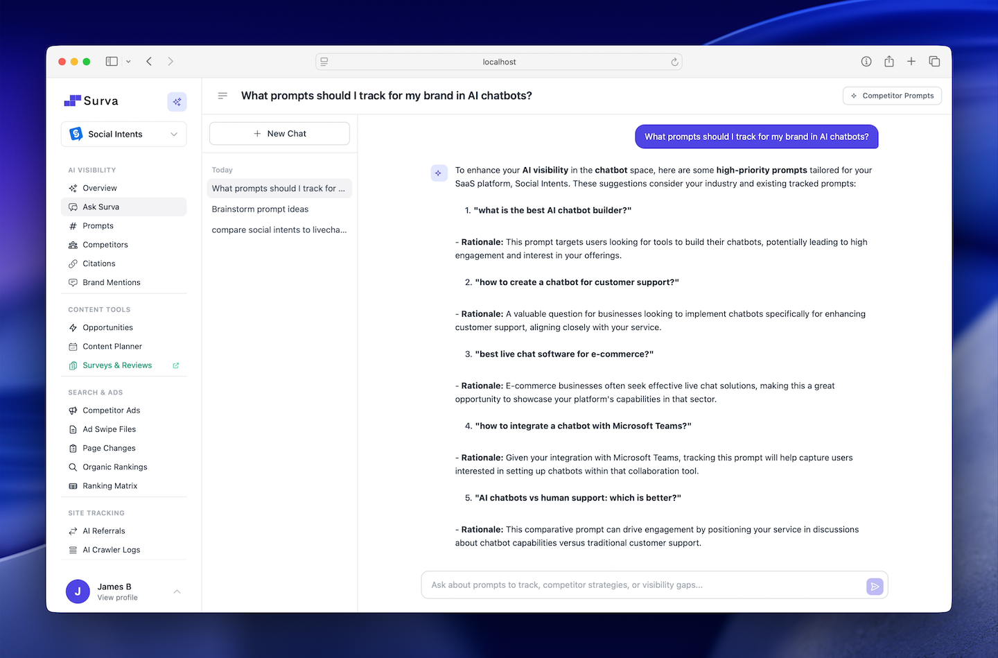 Ask Surva AI assistant analyzing AI visibility data with inline charts, prompt suggestions, and competitor comparisons